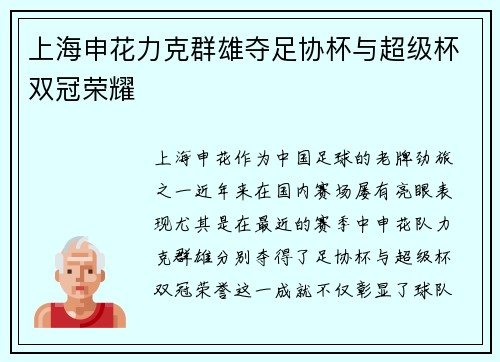 上海申花力克群雄夺足协杯与超级杯双冠荣耀 上海申花力克群雄夺足协杯与超级杯双冠荣耀